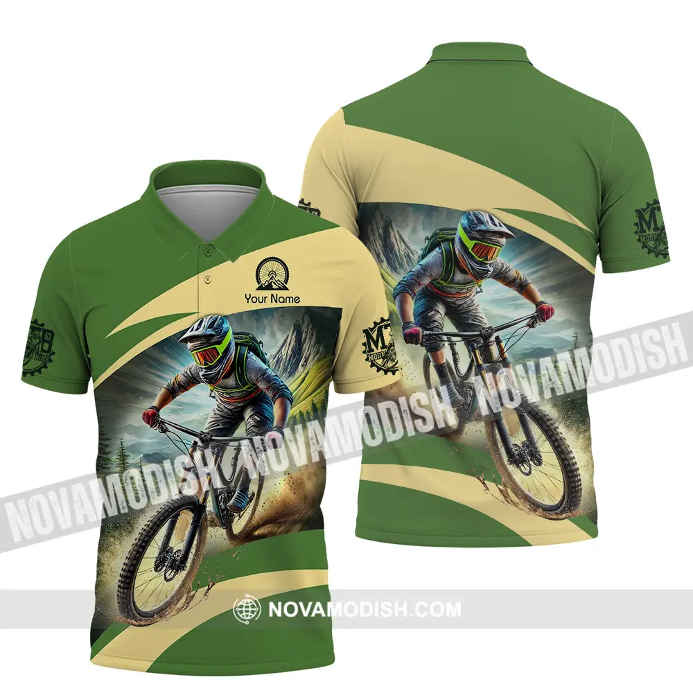 Unisex Shirt - Custom Name Mountain Bike Sport Shirt Green Biker Polo Shirt / S T-shirt