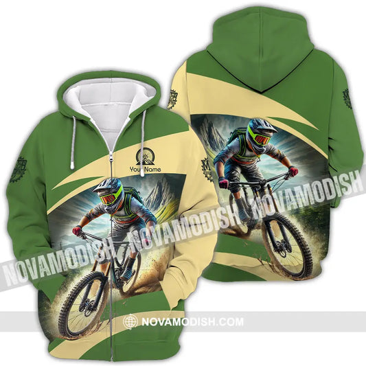 Unisex Shirt - Custom Name Mountain Bike Sport Shirt Green Biker Zipper Hoodie / S T-shirt