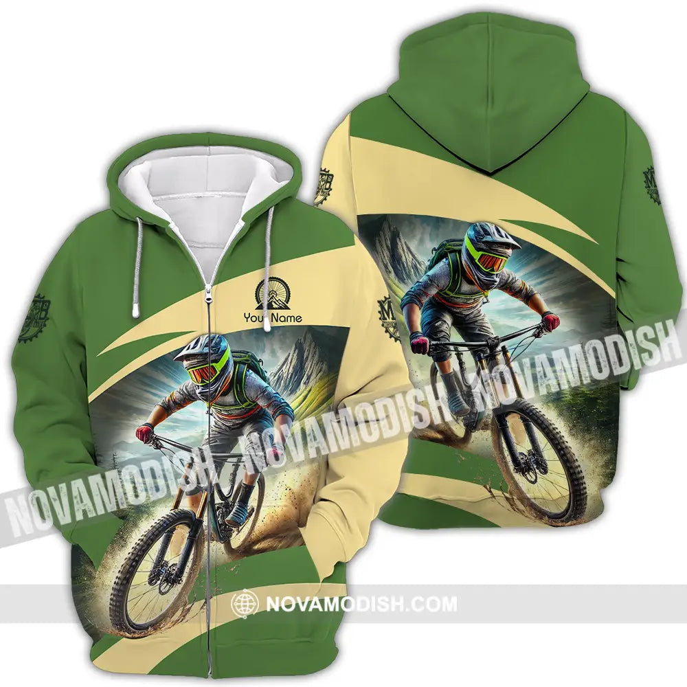 Unisex Shirt - Custom Name Mountain Bike Sport Shirt Green Biker Zipper Hoodie / S T-shirt