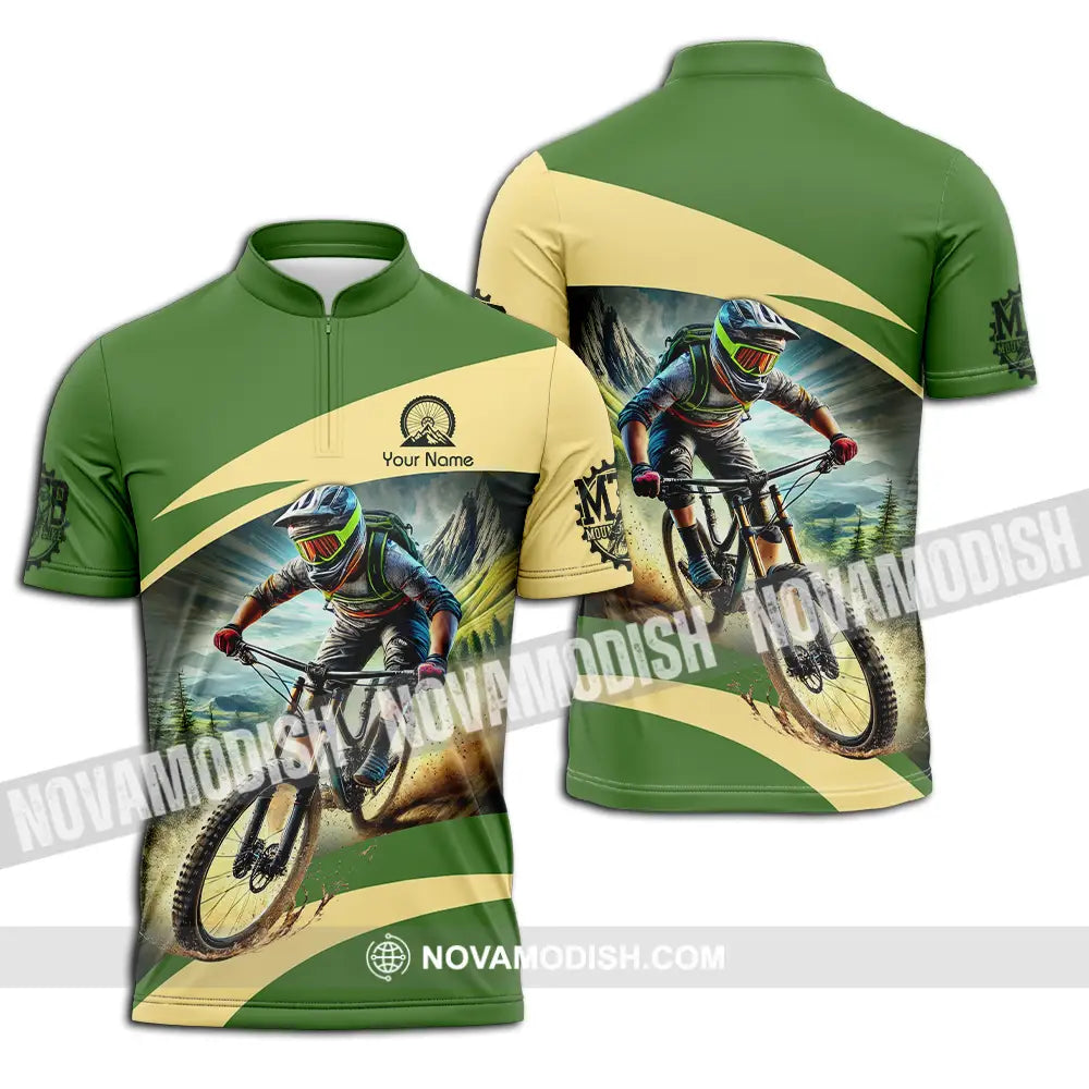 Unisex Shirt - Custom Name Mountain Bike Sport Shirt Green Biker Zipper Polo Shirt / S T-shirt