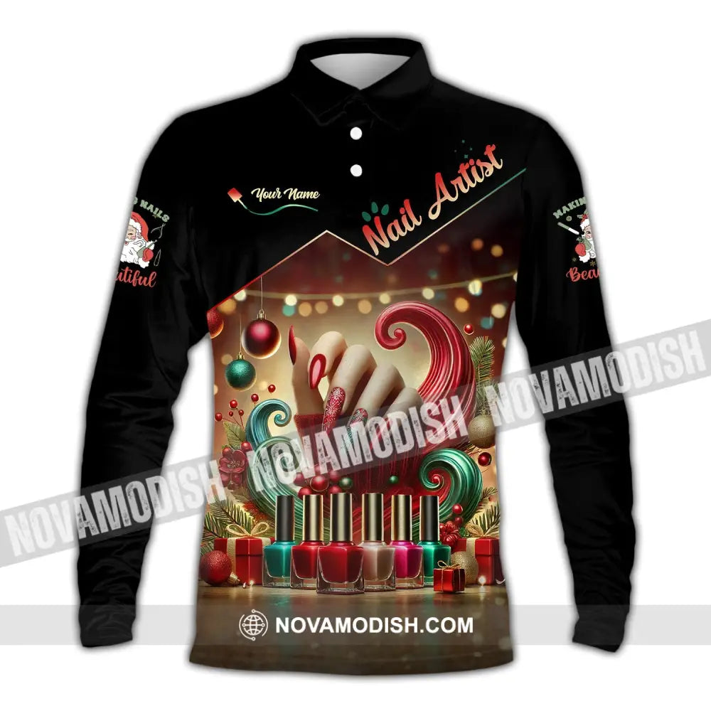 Unisex Shirt Custom Name Nail Artist Christmas Long Sleeve Hoodie Polo Shop Uniform / S T-Shirt