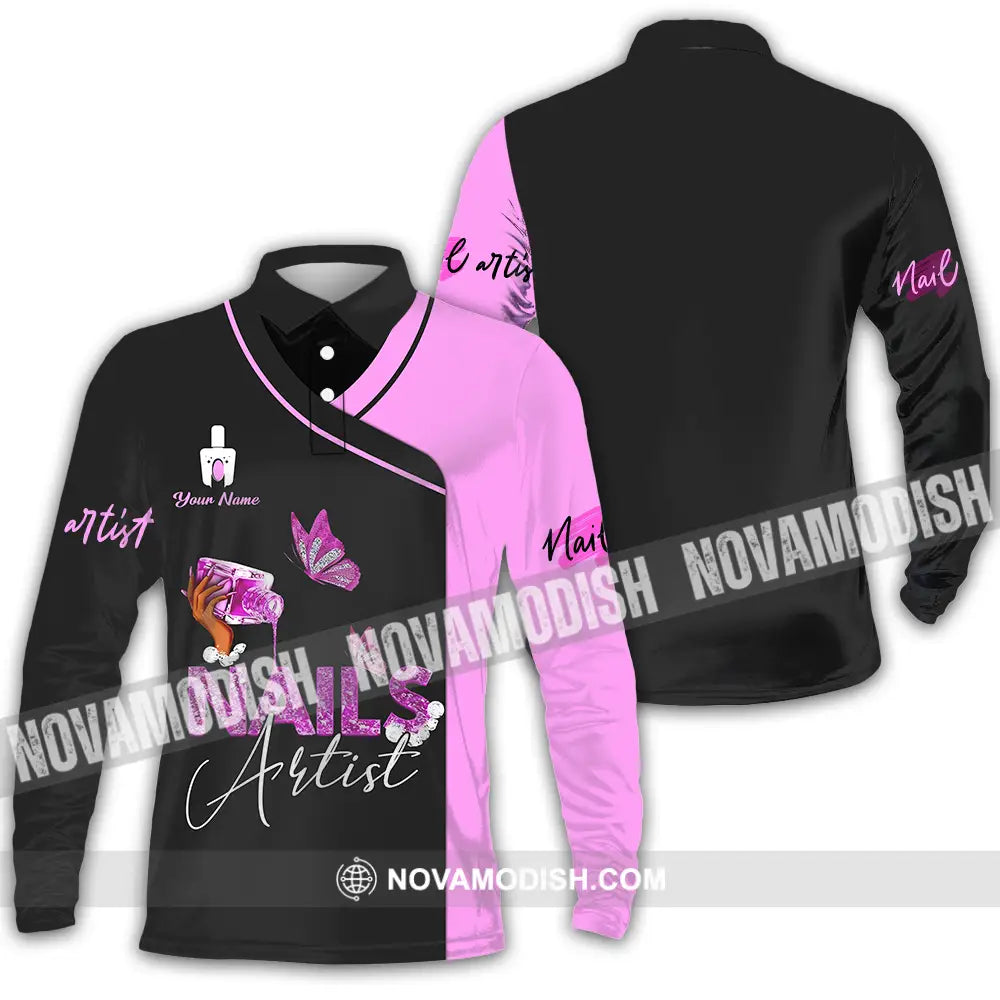 Unisex Shirt - Custom Name Shirt Nail Artist Purple Butterfly Long Sleeve Polo / S T-shirt
