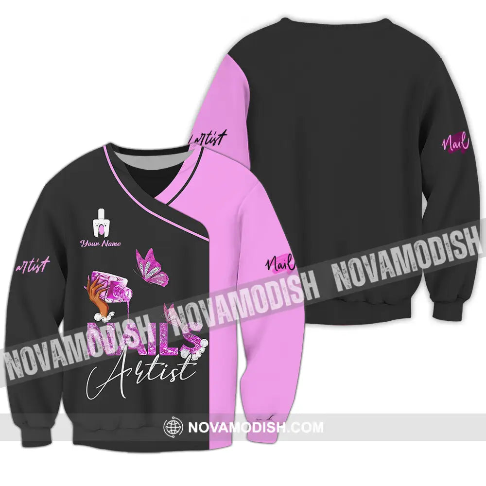 Unisex Shirt - Custom Name Shirt Nail Artist Purple Butterfly Long Sleeve / S T-shirt