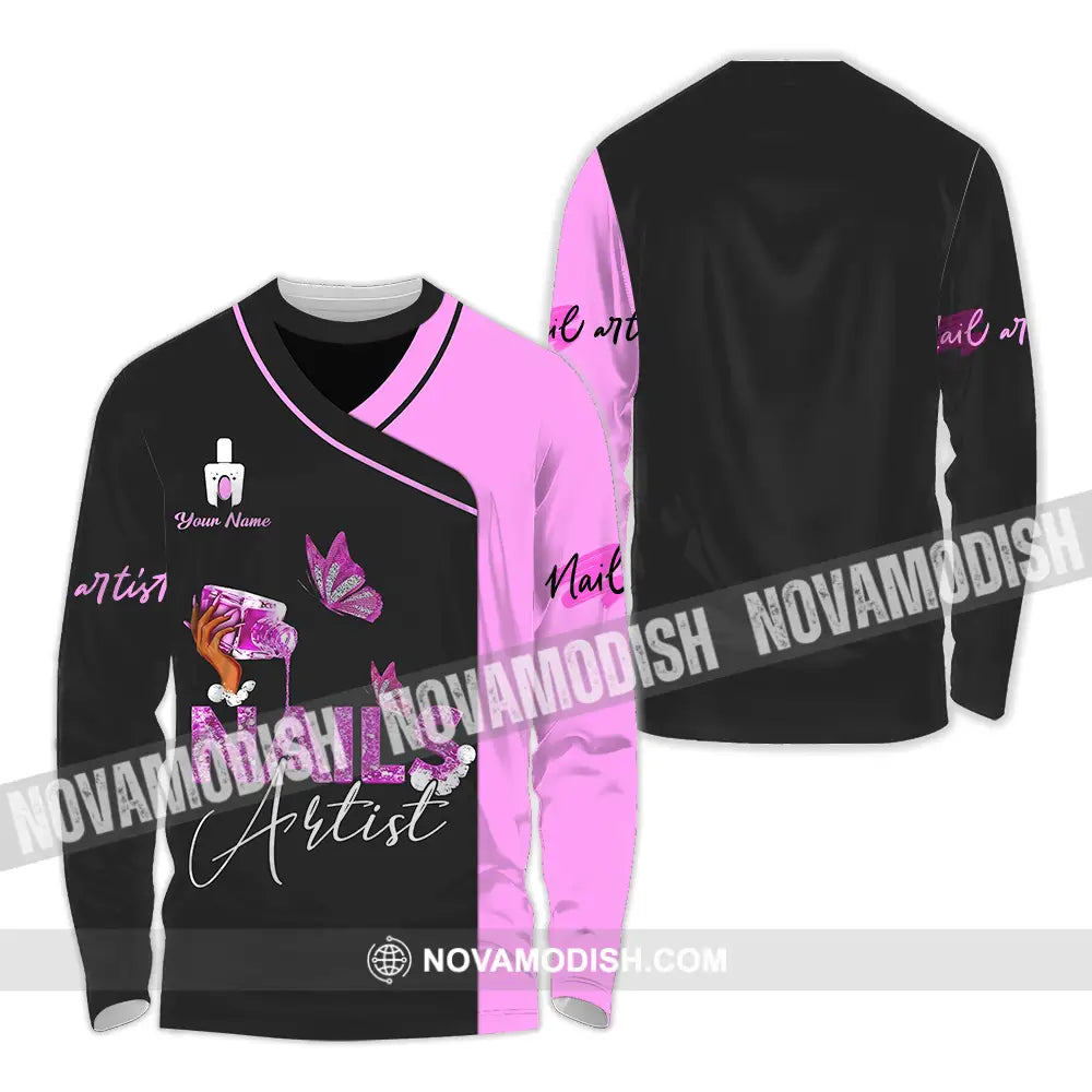 Unisex Shirt - Custom Name Shirt Nail Artist Purple Butterfly Long Sleeve Shirt / S T-shirt