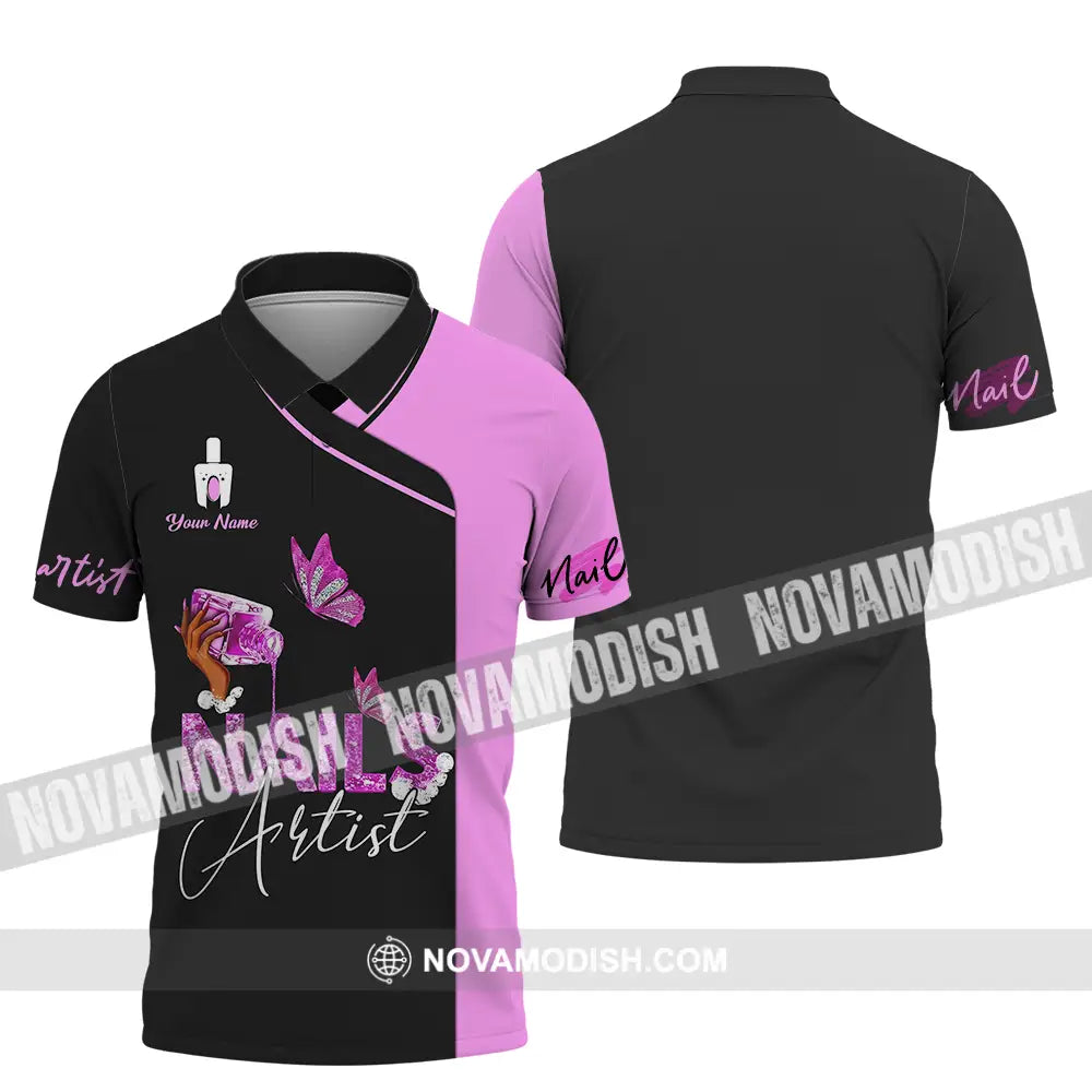 Unisex Shirt - Custom Name Shirt Nail Artist Purple Butterfly Polo Shirt / S T-shirt