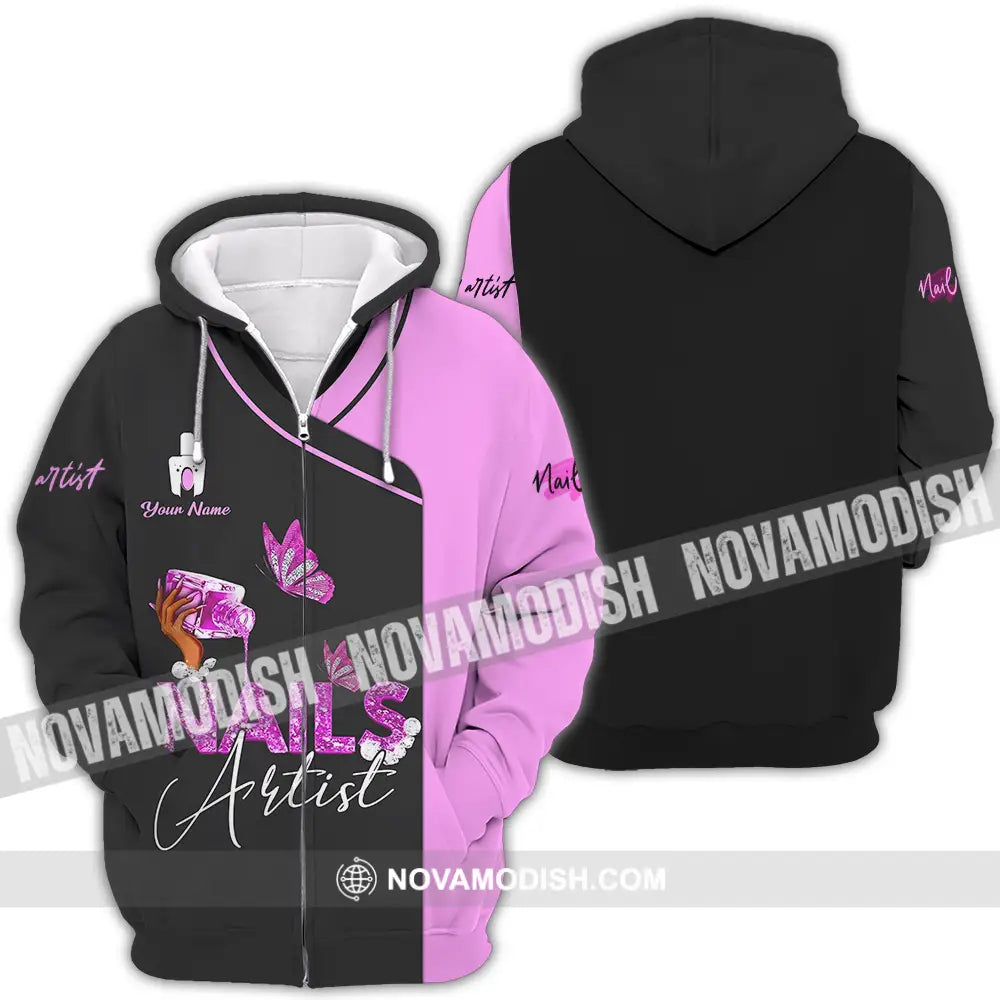 Unisex Shirt - Custom Name Shirt Nail Artist Purple Butterfly Zipper Hoodie / S T-shirt
