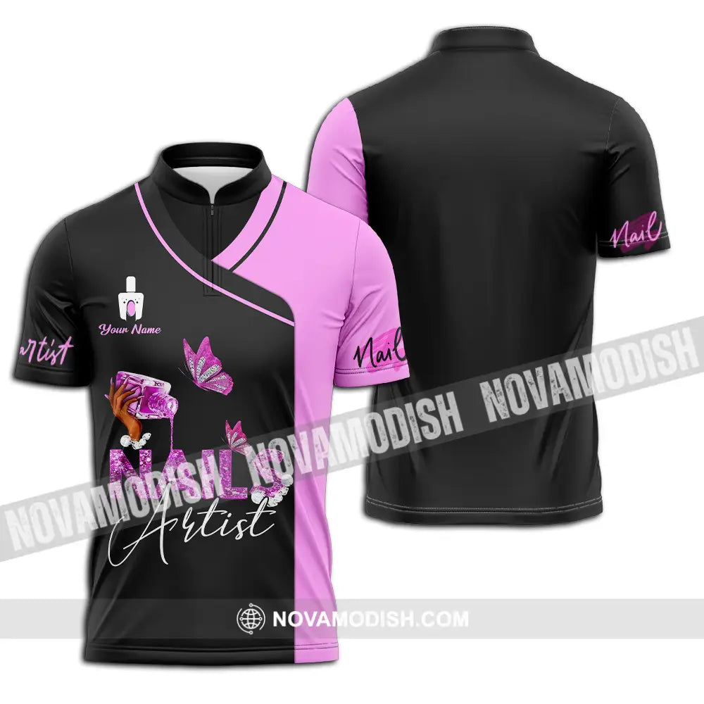 Unisex Shirt - Custom Name Shirt Nail Artist Purple Butterfly Zipper Polo Shirt / S T-shirt