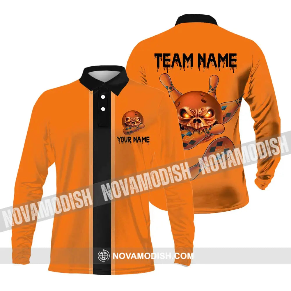 Unisex Shirt - Custom Name Shirt Orange Skull Bowling Long Sleeve Polo / S T-shirt