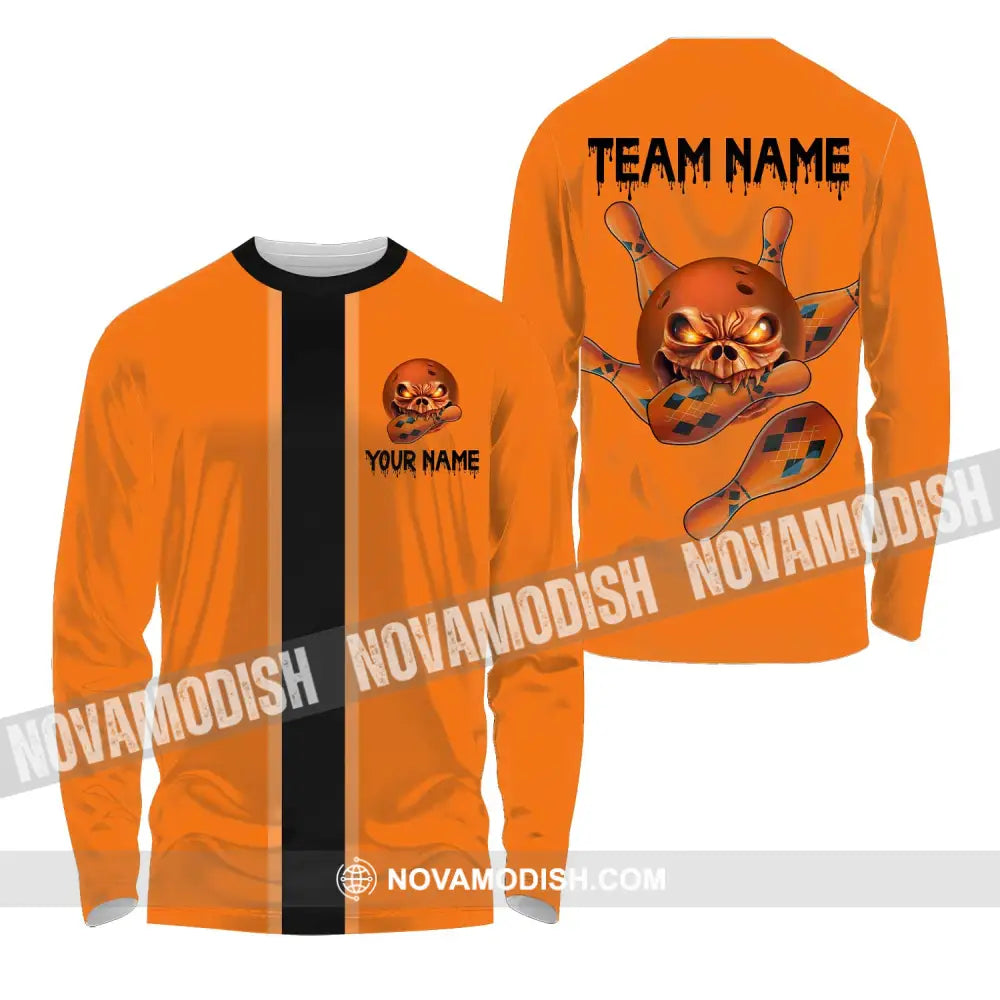 Unisex Shirt - Custom Name Shirt Orange Skull Bowling Long Sleeve Shirt / S T-shirt