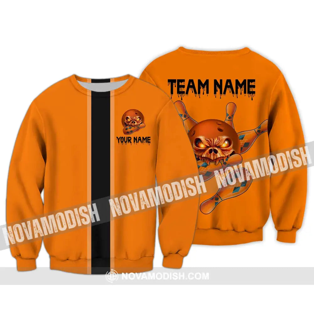 Unisex Shirt - Custom Name Shirt Orange Skull Bowling Long Sleeve / S T-shirt