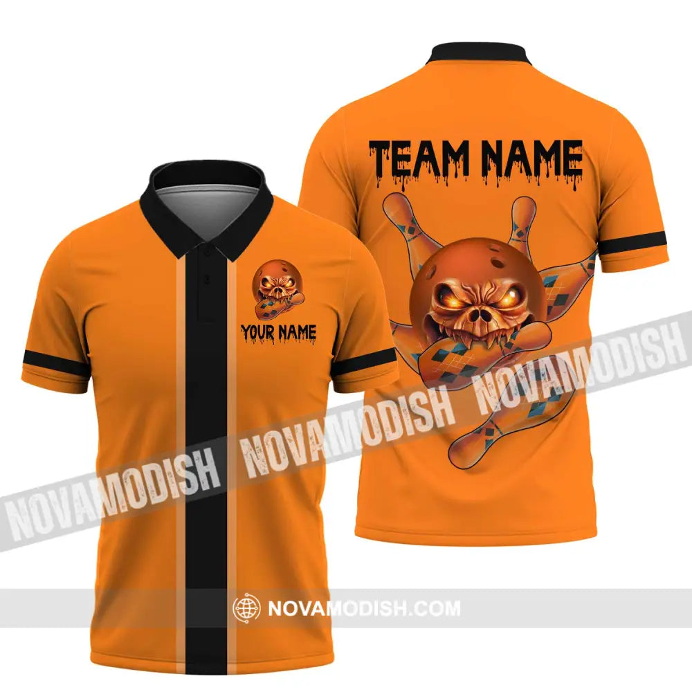 Unisex Shirt - Custom Name Shirt Orange Skull Bowling Polo Shirt / S T-shirt