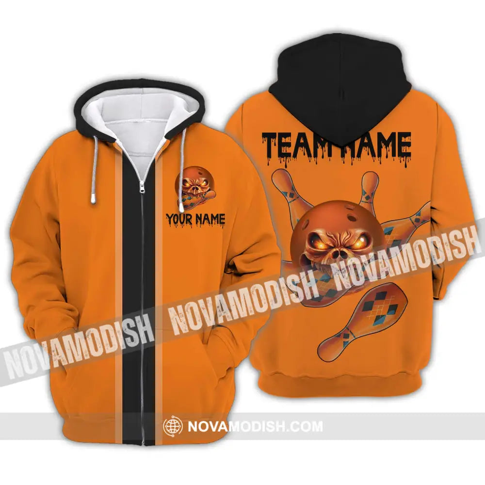 Unisex Shirt - Custom Name Shirt Orange Skull Bowling Zipper Hoodie / S T-shirt