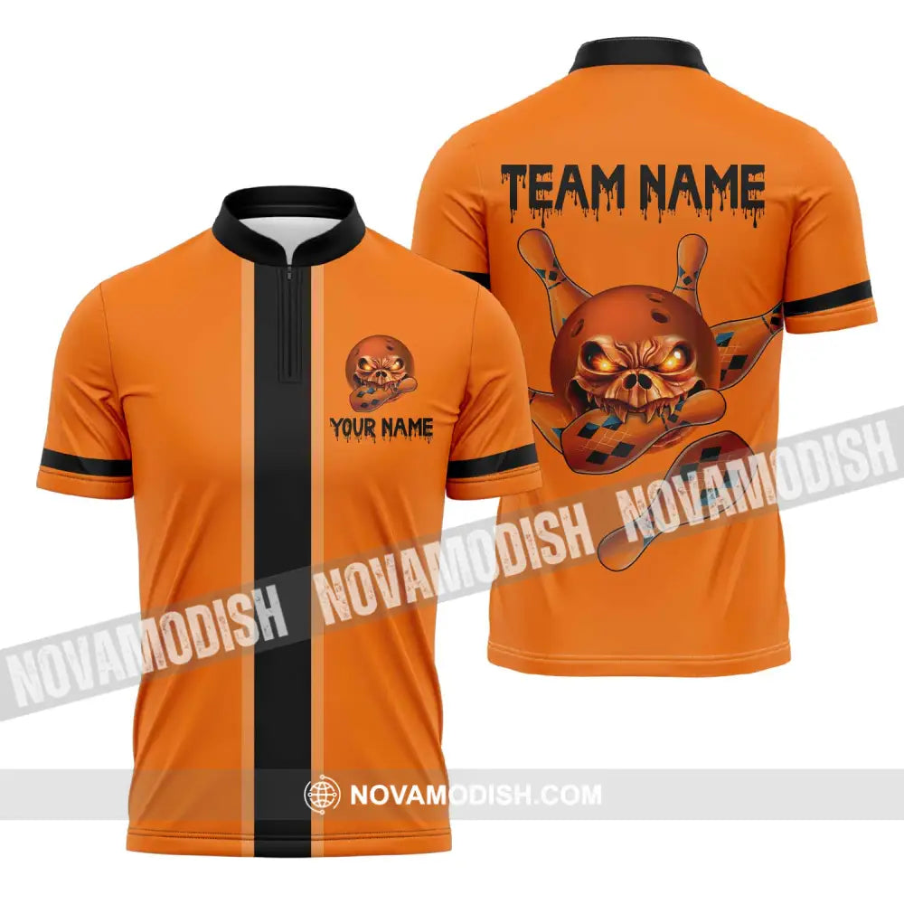 Unisex Shirt - Custom Name Shirt Orange Skull Bowling Zipper Polo Shirt / S T-shirt