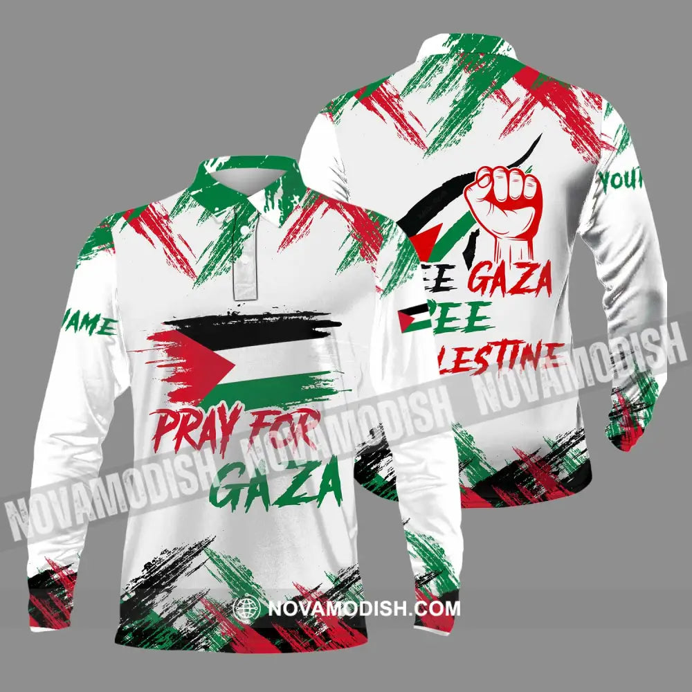 Unisex Shirt - Custom Name Palestine Shirt Pray For Gaza Long Sleeve Polo / S T-shirt
