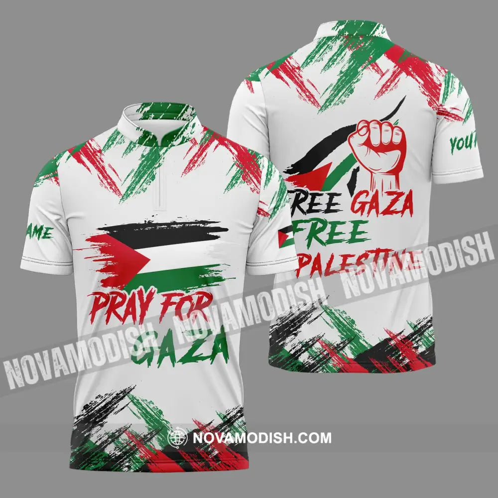 Unisex Shirt - Custom Name Palestine Shirt Pray For Gaza Zipper Polo Shirt / S T-shirt