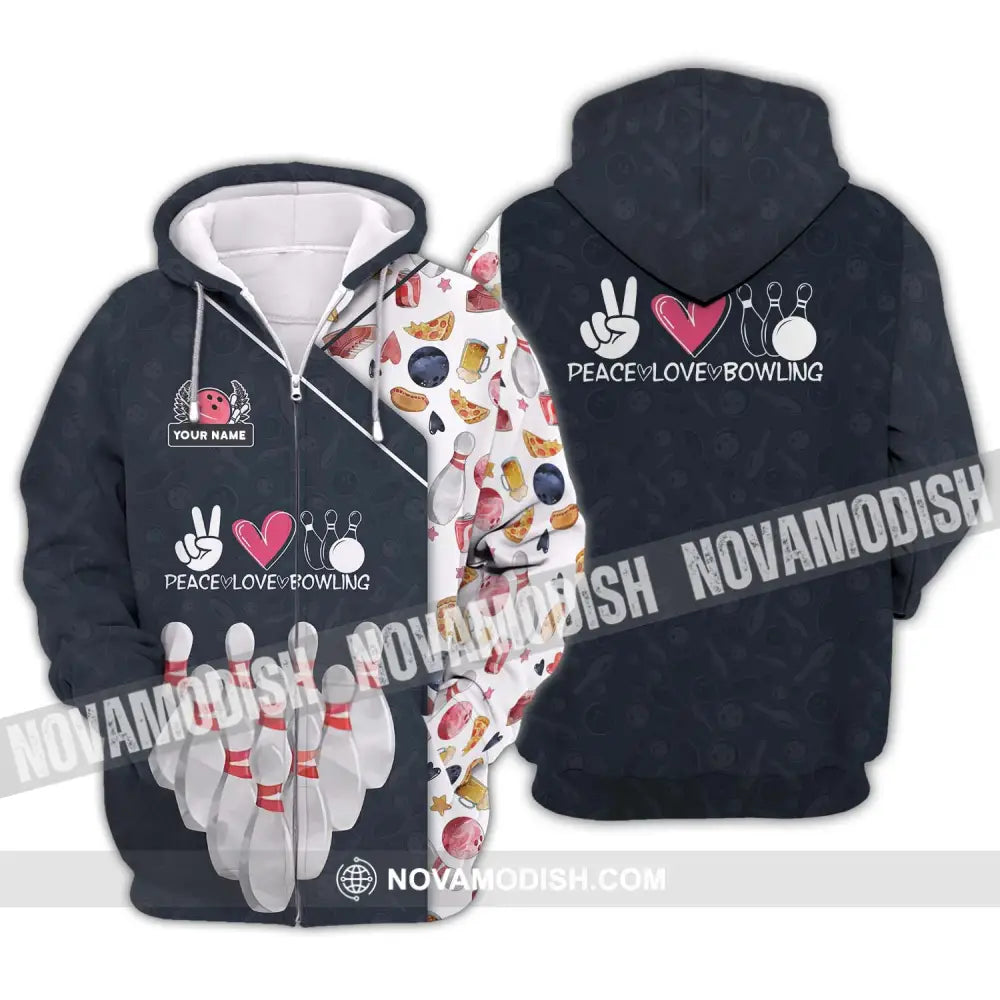 Unisex Shirt - Custom Name Shirt Peace Love Bowling Shirt Zipper Hoodie / S T-shirt