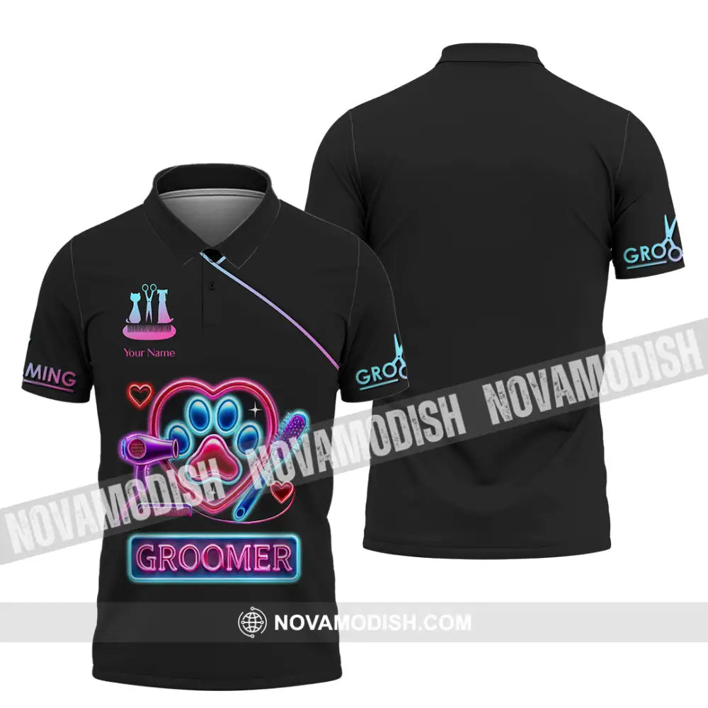 Unisex Shirt Custom Name Pet Groomer Polo Long Sleeve Shop Uniform / S T-Shirt