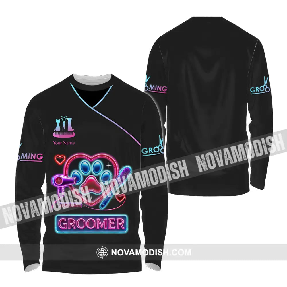 Unisex Shirt Custom Name Pet Groomer Polo Long Sleeve Shop Uniform / S T-Shirt