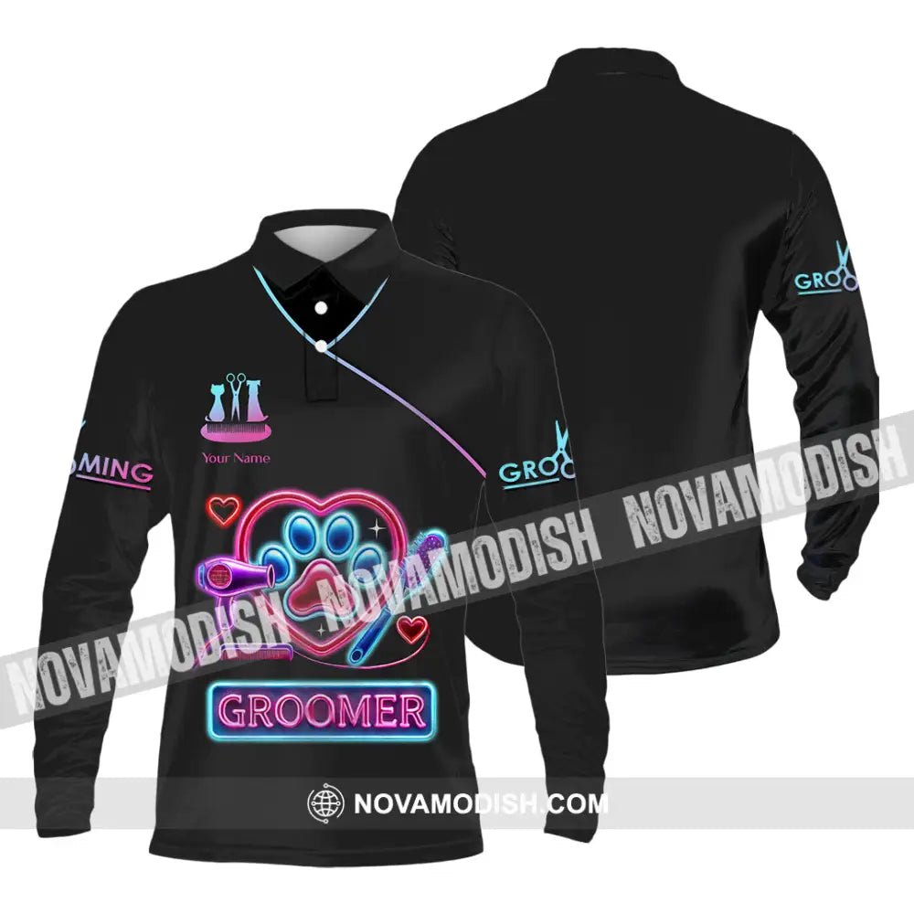 Unisex Shirt Custom Name Pet Groomer Polo Long Sleeve Shop Uniform / S T-Shirt