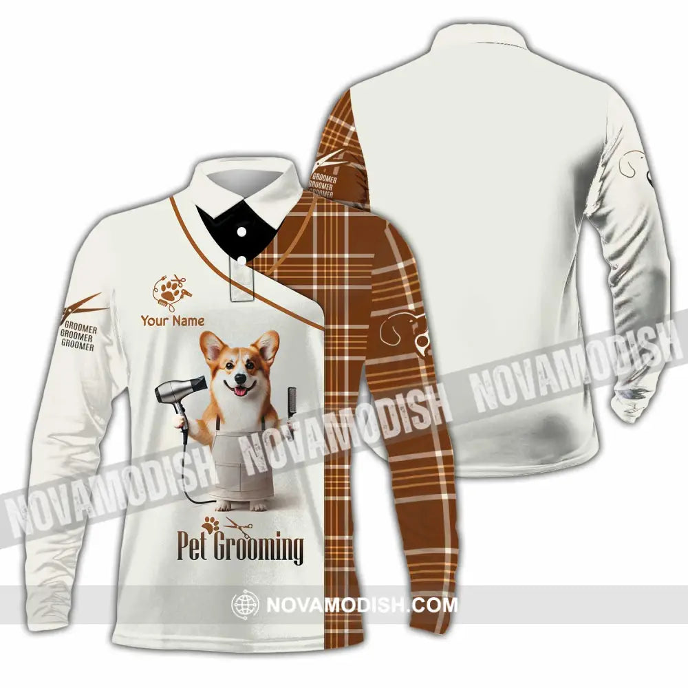 Unisex Shirt Custom Name Pet Grooming Shop T-Shirt Long Sleeve Polo / S T-Shirt