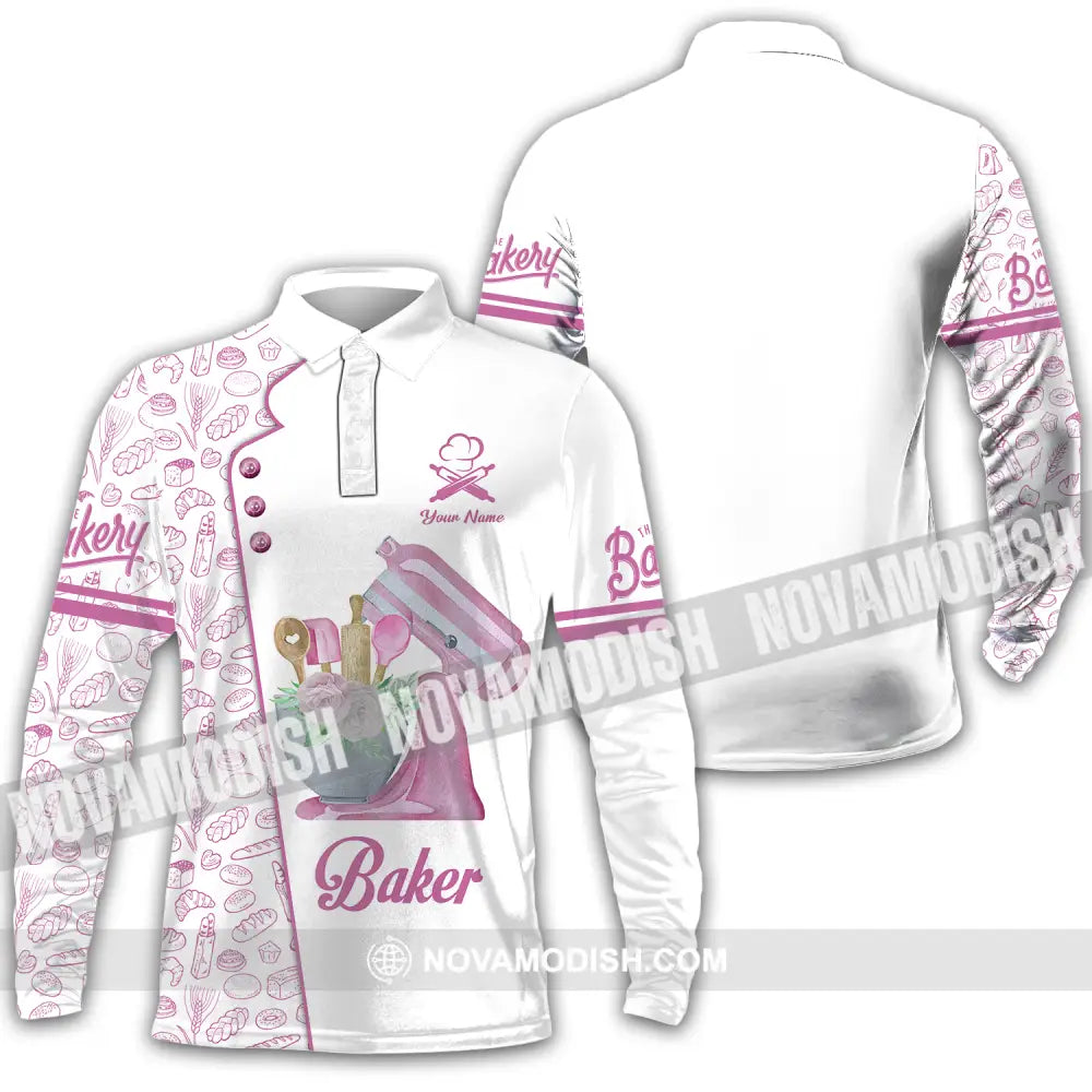 Unisex Shirt - Custom Name Pink Baker Shirt Long Sleeve Polo / S T-shirt