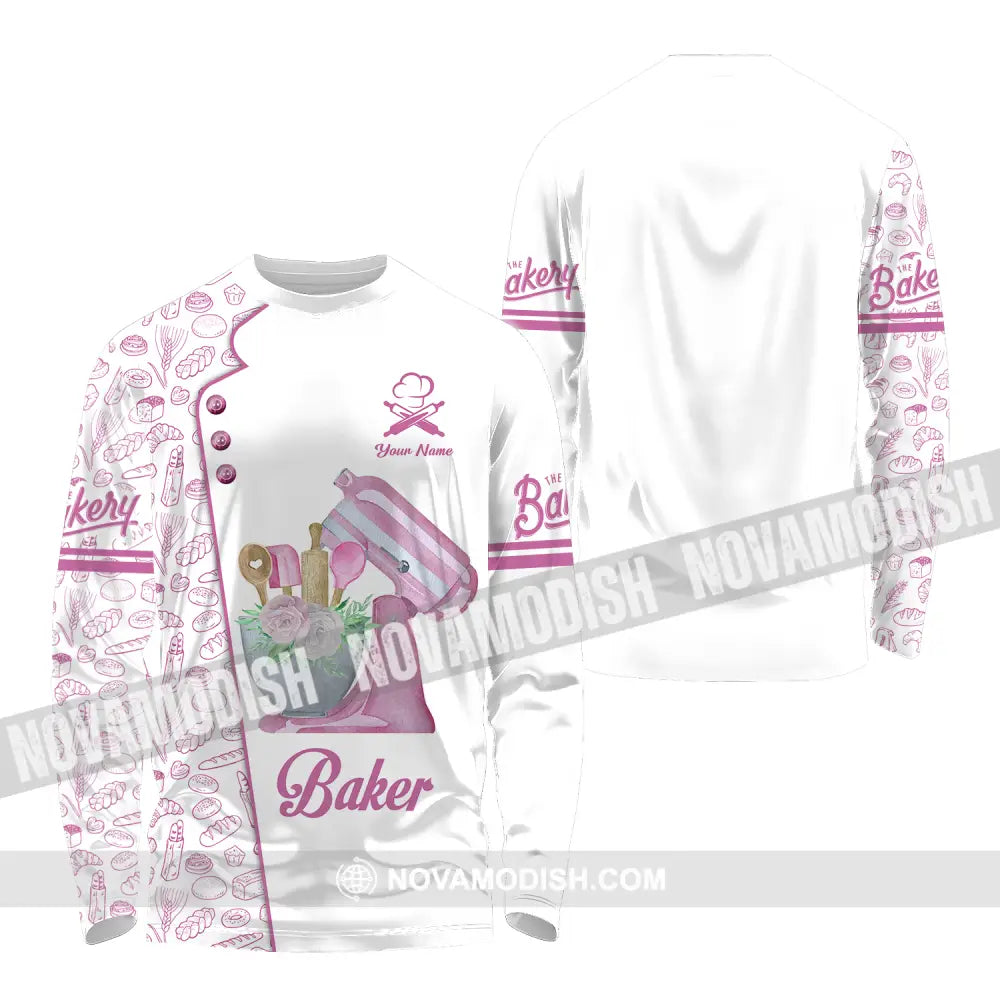 Unisex Shirt - Custom Name Pink Baker Shirt Long Sleeve Shirt / S T-shirt