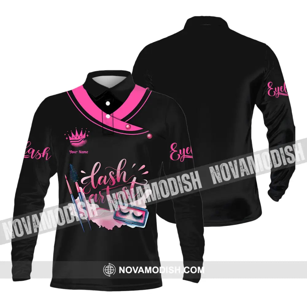 Unisex Shirt - Custom Name Shirt Pink Lash Artist Long Sleeve Polo / S T-shirt