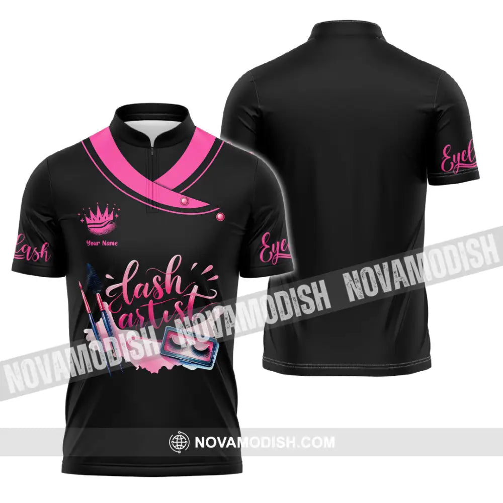 Unisex Shirt - Custom Name Shirt Pink Lash Artist Zipper Polo Shirt / S T-shirt