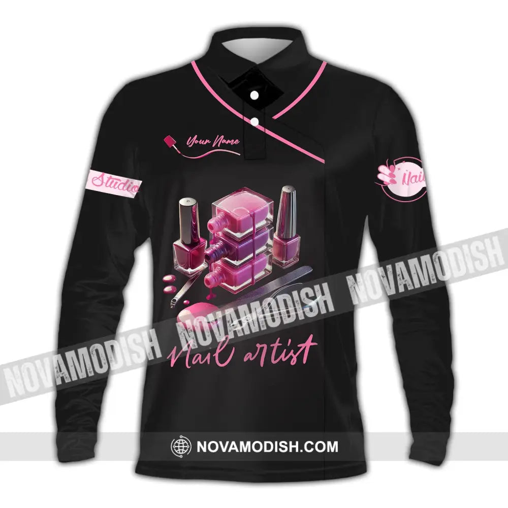 Unisex Shirt - Custom Name Pink Nail Artist Long Sleeve Polo / S T-Shirt