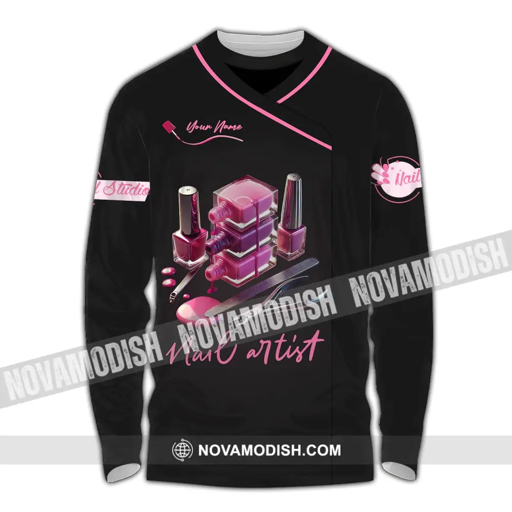 Unisex Shirt - Custom Name Pink Nail Artist Long Sleeve / S T-Shirt