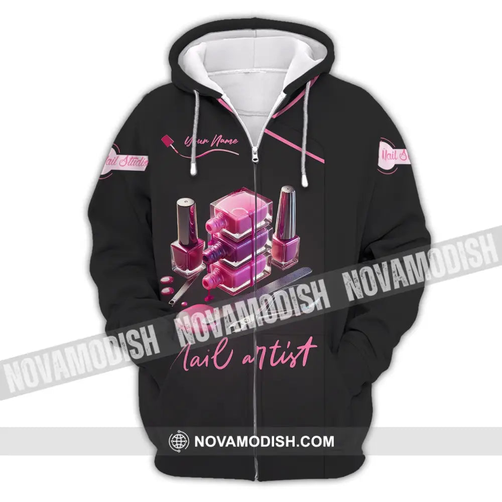 Unisex Shirt - Custom Name Pink Nail Artist Zipper Hoodie / S T-Shirt