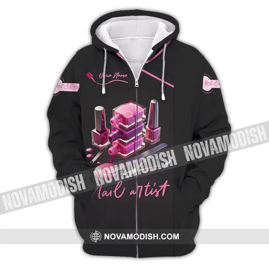 Unisex Shirt - Custom Name Pink Nail Artist Zipper Hoodie / S T-Shirt