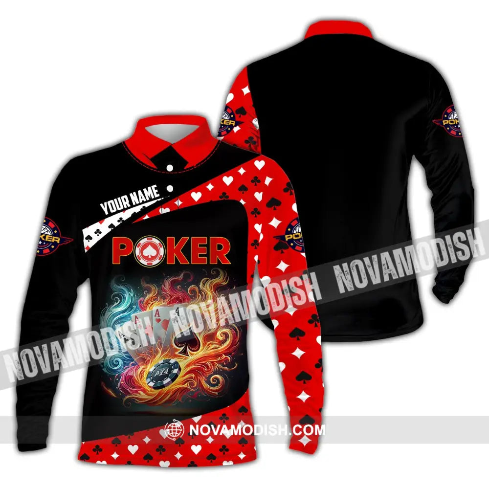 Unisex Shirt - Custom Name Poker Heart Long Sleeve Polo / S T-Shirt