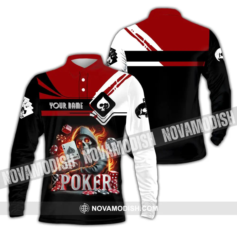 Unisex Shirt Custom Name Poker Skull Hoodie Polo Long Sleeve / S T-Shirt