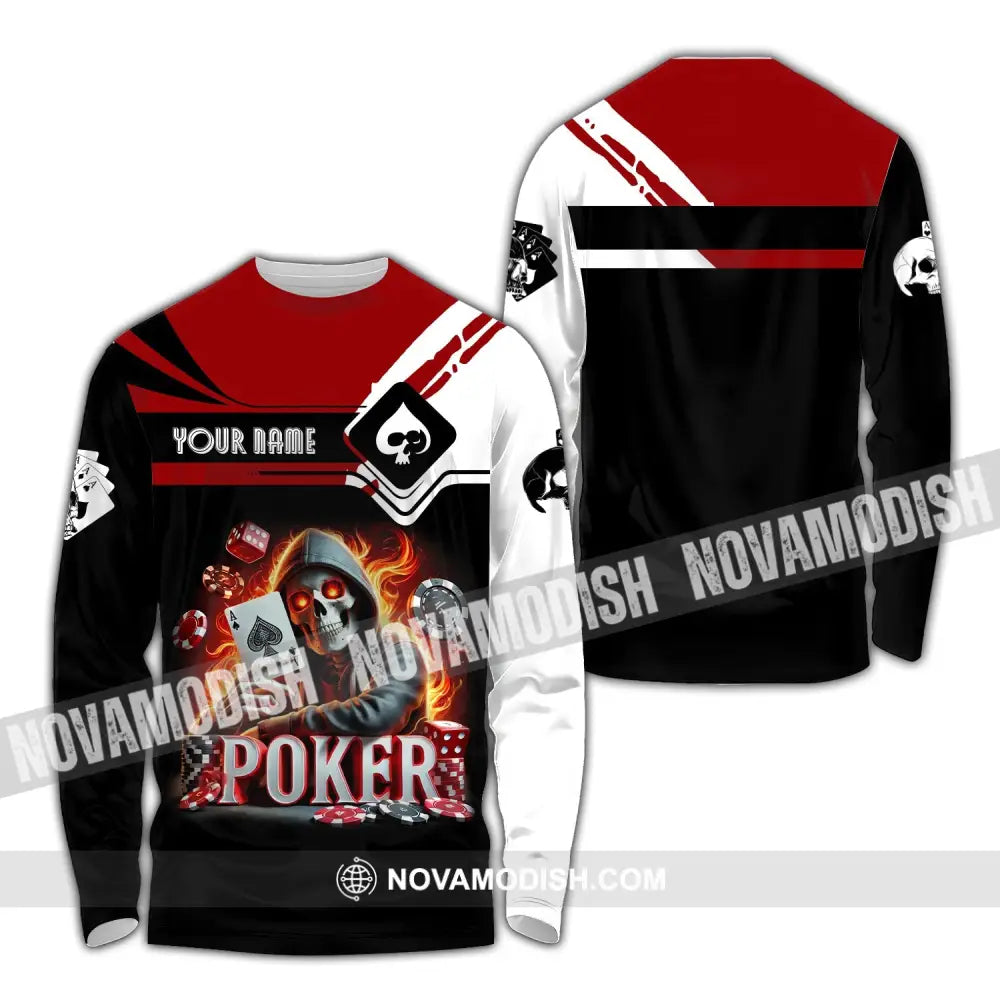 Unisex Shirt Custom Name Poker Skull Hoodie Polo Long Sleeve / S T-Shirt