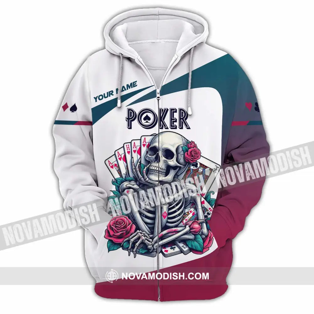 Unisex Shirt Custom Name Poker Skull Hoodie Polo Long Sleeve Zipper / S T-Shirt