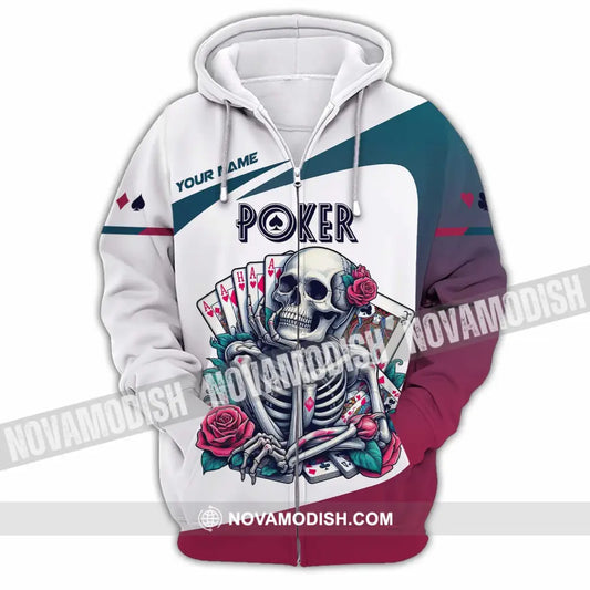 Unisex Shirt Custom Name Poker Skull Hoodie Polo Long Sleeve Zipper / S T-Shirt