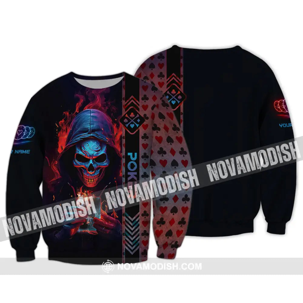 Unisex Shirt Custom Name Poker Skull T-Shirt Hoodie Gift Long Sleeve / S