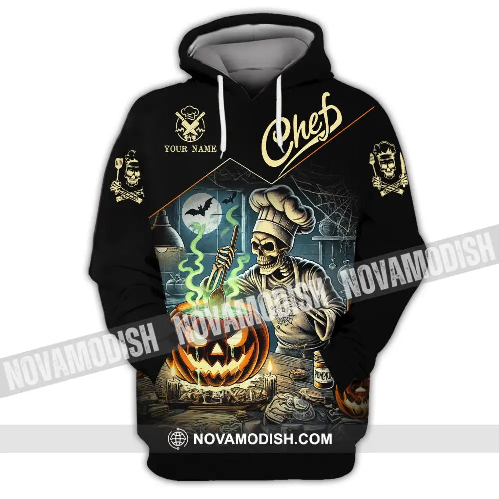 Unisex Shirt - Custom Name Pumpkin Halloween Skull Chef Hoodie / S T-Shirt