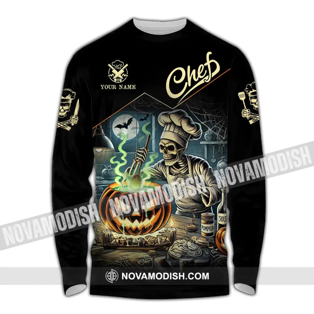 Unisex Shirt - Custom Name Pumpkin Halloween Skull Chef Long Sleeve / S T-Shirt