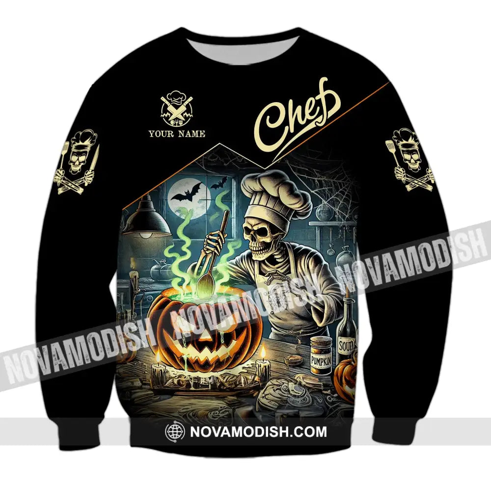 Unisex Shirt - Custom Name Pumpkin Halloween Skull Chef Long Sleeve / S T-Shirt