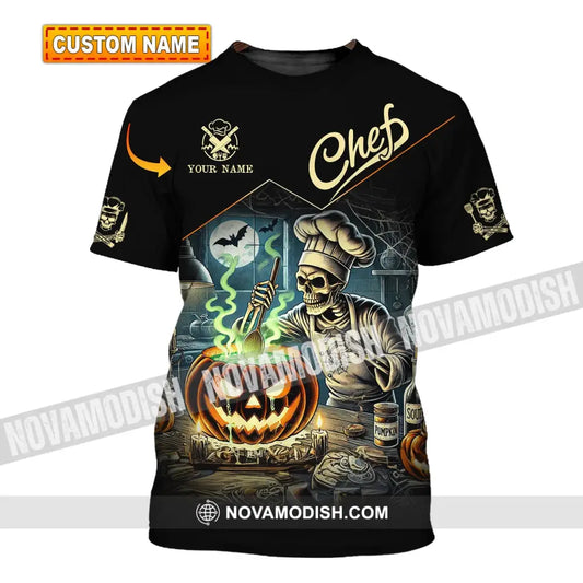 Unisex Shirt - Custom Name Pumpkin Halloween Skull Chef T-Shirt