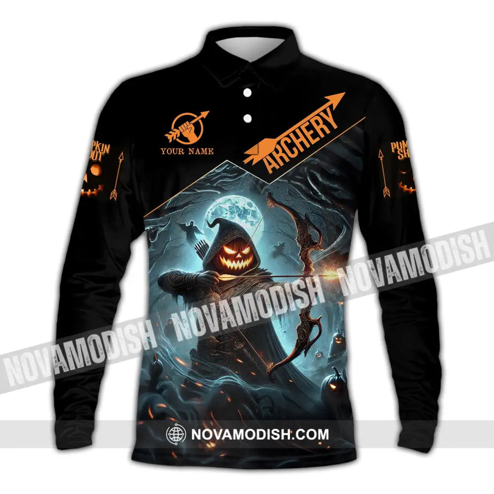 Unisex Shirt - Custom Name Pumpkin Shoot Archery Long Sleeve Polo / S T-Shirt