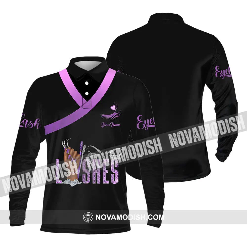 Unisex Shirt - Custom Name Purple Lashes Shirt Long Sleeve Polo / S T-shirt