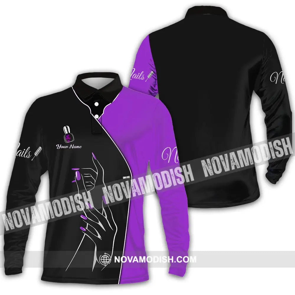 Unisex Shirt - Custom Name Shirt Purple Nails Long Sleeve Polo / S T-shirt