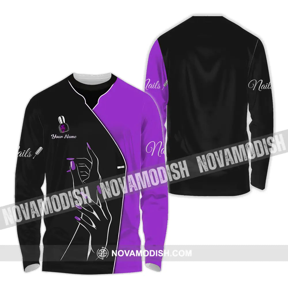 Unisex Shirt - Custom Name Shirt Purple Nails Long Sleeve Shirt / S T-shirt