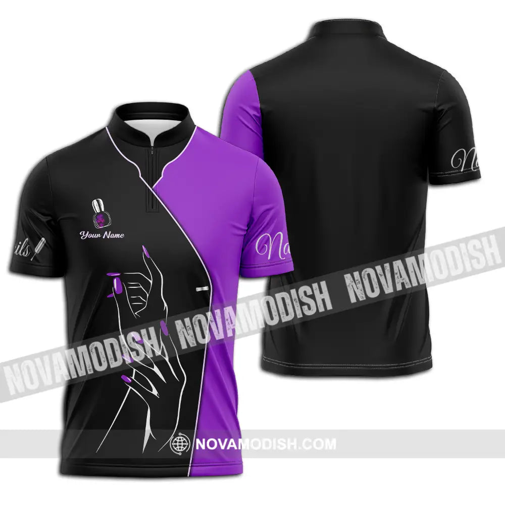 Unisex Shirt - Custom Name Shirt Purple Nails Zipper Polo Shirt / S T-shirt