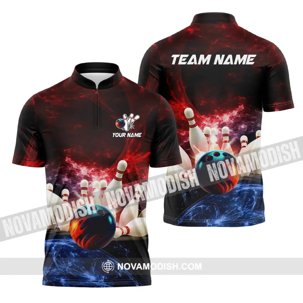 Unisex Shirt - Custom Name Shirt Red Bowling Zipper Polo Shirt / S T-shirt