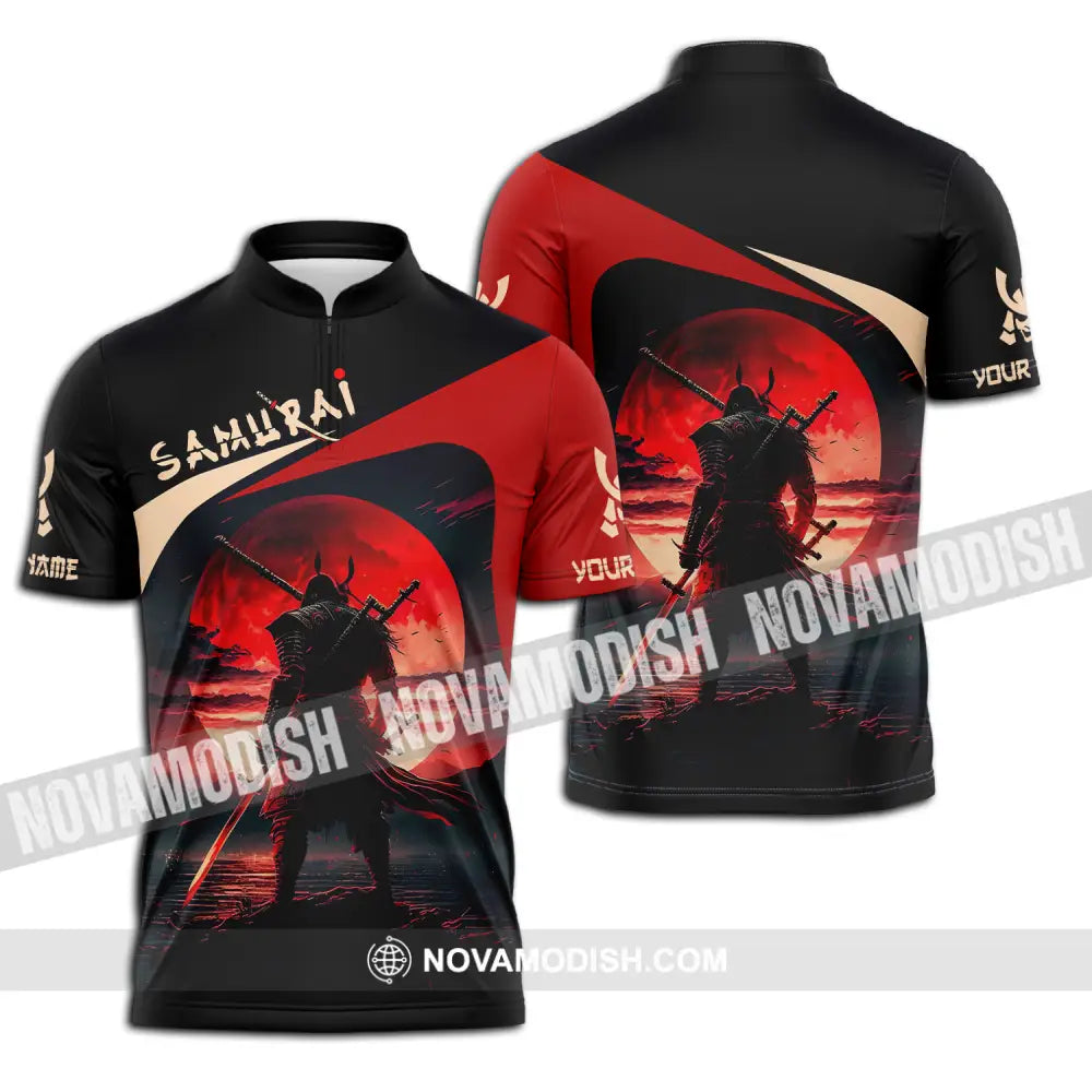 Unisex Shirt - Custom Name Samurai Red Black Shirt Zipper Polo Shirt / S T-shirt