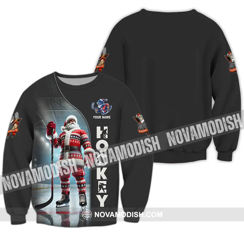 Unisex Shirt - Custom Name Santa Hockey Long Sleeve / S T-Shirt